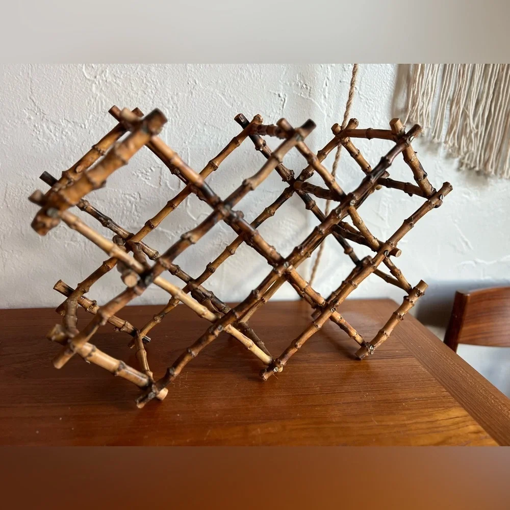 Vintage Boho Bamboo Folding Wine Rack – Mid Century Bar Cart Bottle Holder